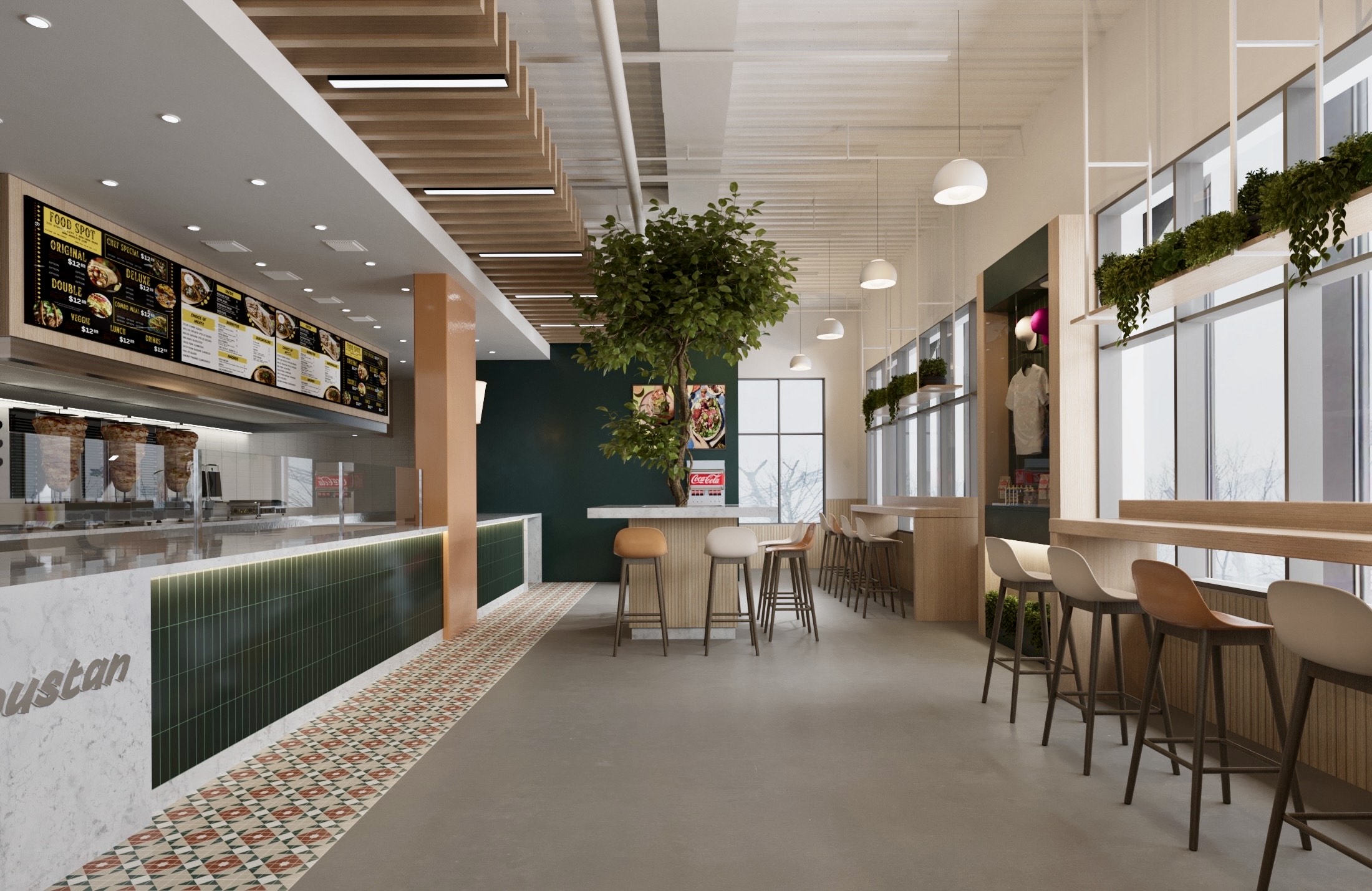 Interior view of a Boustan Location with tables and ordering area