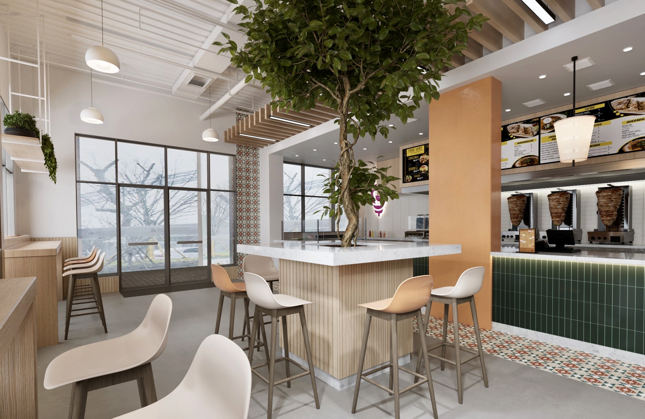 Interior view of a Boustan Location with tables and counter area