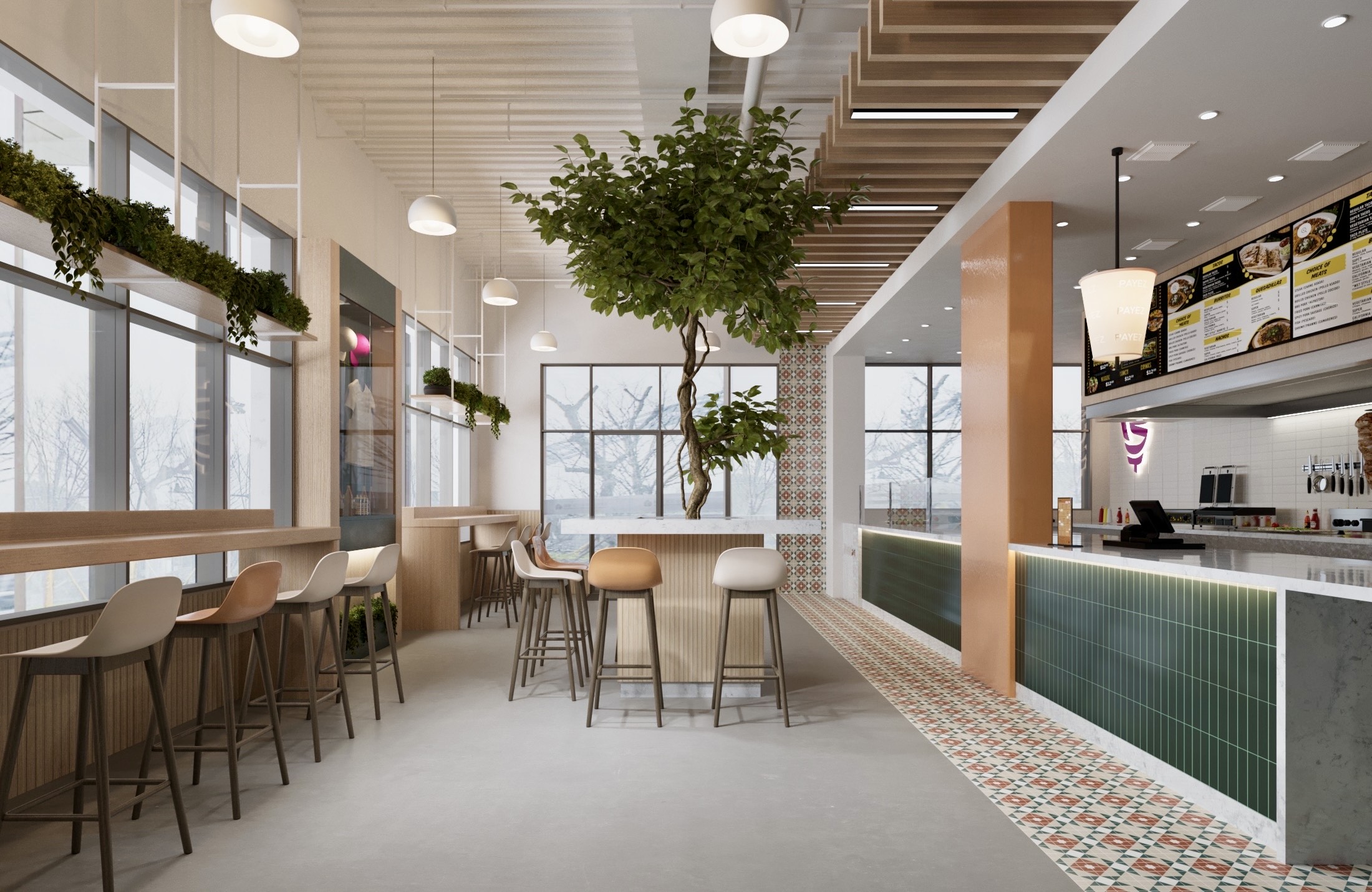 Interior view of a Boustan Location with dining  tables