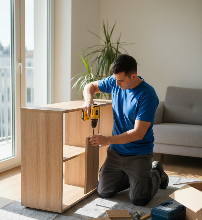 Service de relocalisation d'entreprise : montage de mobilier de bureau par des experts.