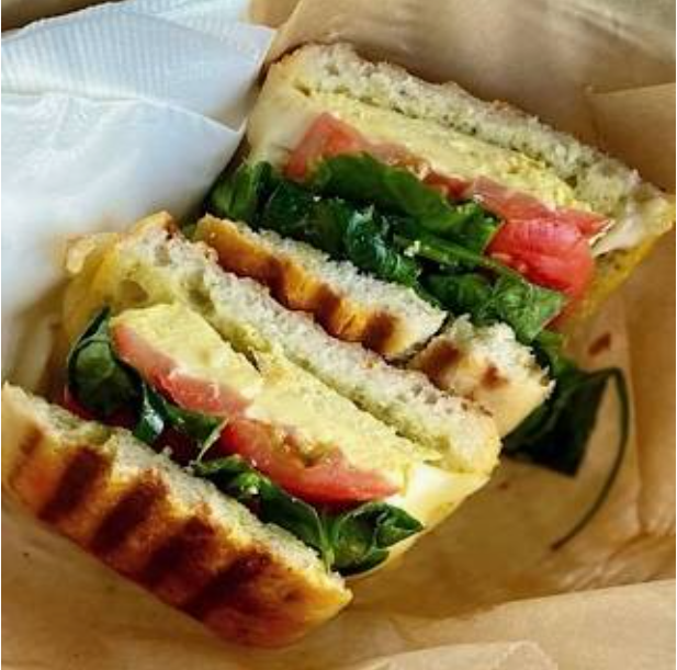 Built Strong Gluten Free Sandwich – Pesto Organic Eggs Swiss Cheese Tomato Spinach | Living Green Cafe Fort Lauderdale