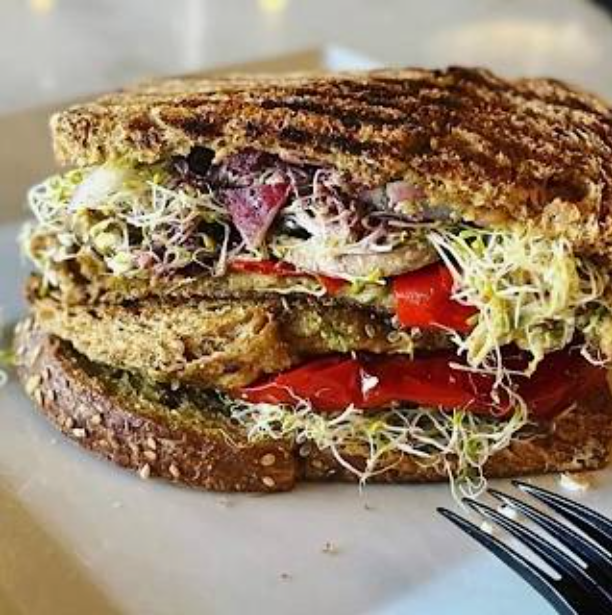 Oh Veggie Vegan Sandwich – Pesto Portabella Roasted Eggplant Peppers Alfalfa Sprouts | Living Green Cafe Fort Lauderdale