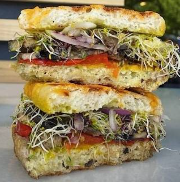 Sin Free Vegan Gluten Free Sandwich – Pesto Portabella Roasted Eggplant Peppers Alfalfa Sprouts | Living Green Cafe Fort Lauderdale