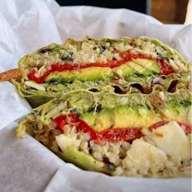 Veggie Monster Vegan Wrap – Quinoa Avocado Hummus Alfalfa Sprouts Red Peppers | Living Green Cafe Fort Lauderdale