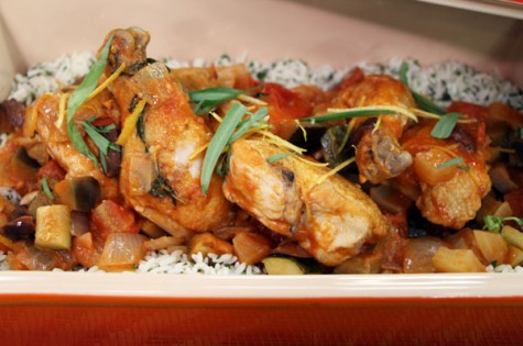 Lemon tarragon roasted chicken with vegetable & olive stew on rice