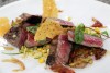 Seared strip steak with sweet corn salsa and 6-minute potato rosti