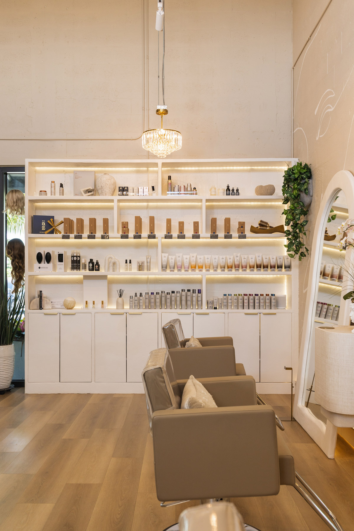 View of hair salon working chair and products