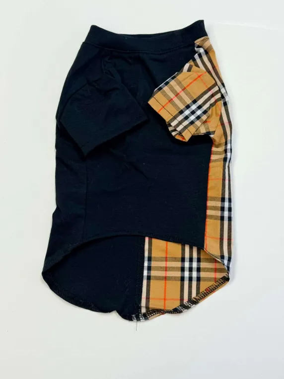 Luxury Plaid Split-Design Pet Tee (Burberry-Inspired, Black Edition) Image 1