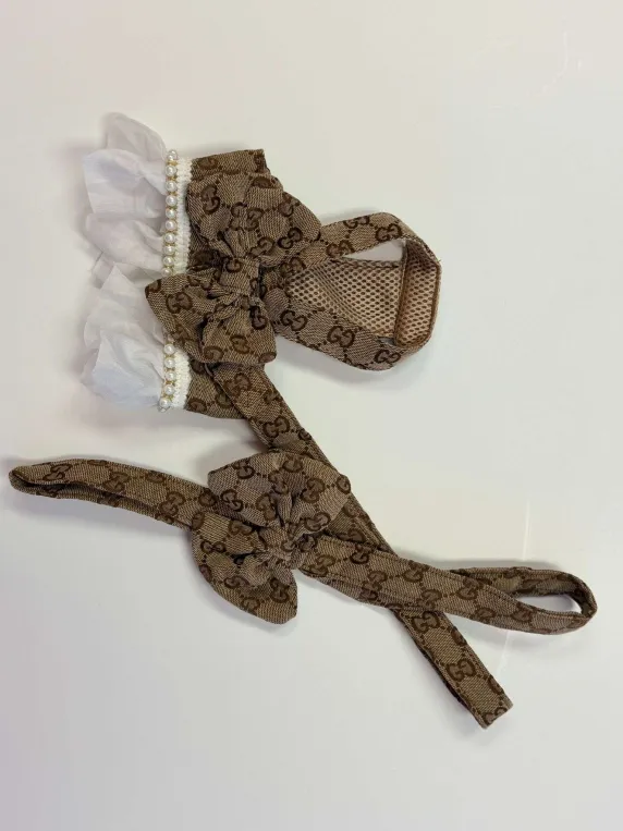 Image for Luxury Monogram Pet Collar & Bow Set with Pearl Trim (Gucci-Inspired)