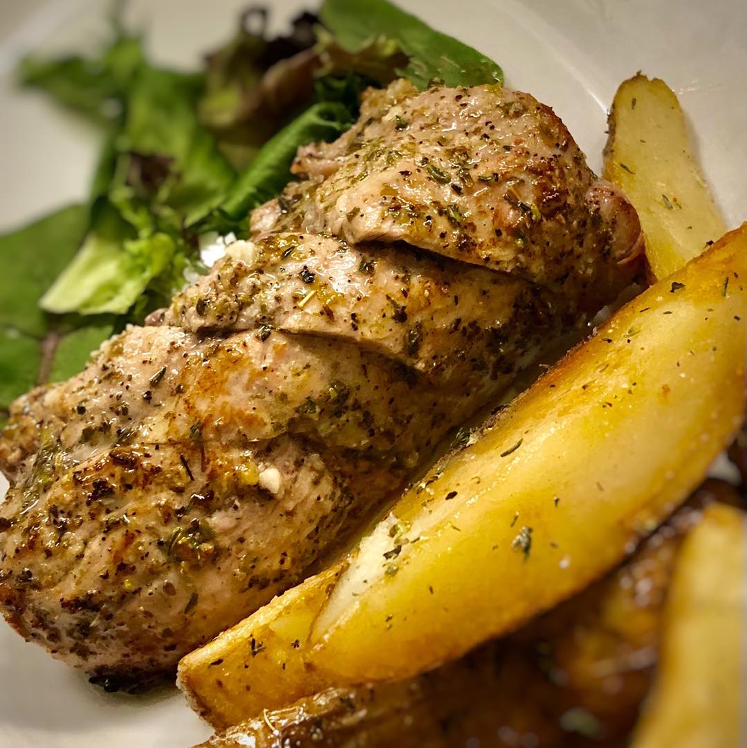 Special Greek feature is marinated in garlic, lemon and oregano